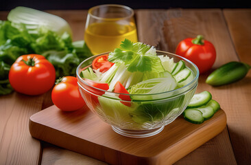 Salad of fresh Chinese cabbage with tomatoes for natural nutrition, in a glass vase that stands on a wooden board, next to it are whole, red tomatoes and a carafe of vegetable oil.