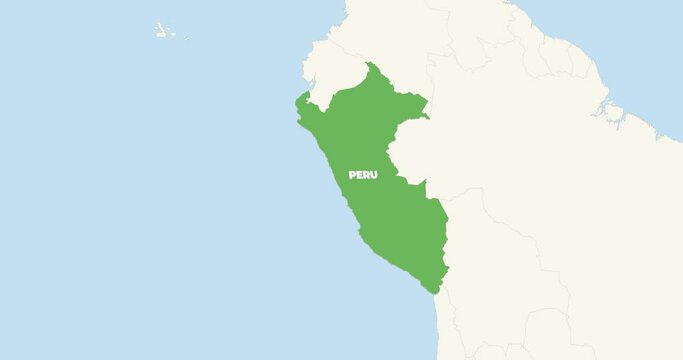 World Map Zoom In To Peru. Animation in 4K Video. Green Peru Territory On Blue and White World Map