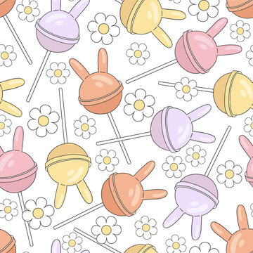 Retro Hippie Floral lollipop with Easter bunny ears and daisy flowers vector seamless pattern. Happy Easter holiday background.