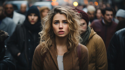 Portrait of sad woman in autumn clothes in crowd - obrazy, fototapety, plakaty