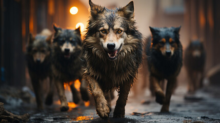 A group of wild dogs walking through the city streets, close-up