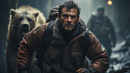 A wild, big dangerous black bear is running after the hunter