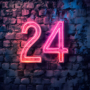 The number 24 is highlighted with a pink neon light effect. New Year number. High-resolution