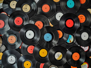Top view of a pile of many vintage vinyl records background. High quality - Powered by Adobe