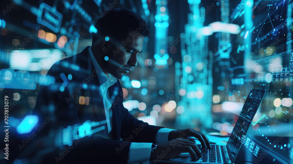 Poster man with glasses is working on a laptop in a dimly lit room with a bokeh effect of city lights in th