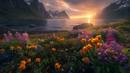 Wallpaper moody sunset ocean sun and mountains. Purple and yellow flowers in the close view. High-resolution