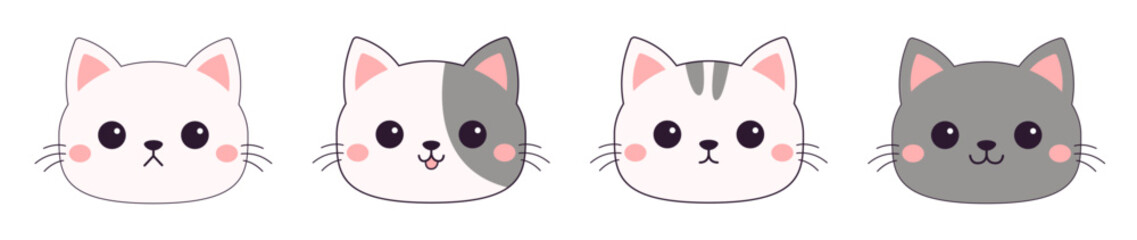 Obraz na płótnie Canvas Cat kitten, kitty round icon set banner. Cute face head. Different emotions, colors. Cartoon kawaii funny baby character. Contour line doodle. Sticker print. Flat design. White background.
