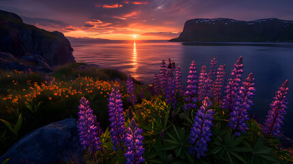 Wallpaper moody sunset ocean sun and mountains. Purple flower on the close view. High-resolution