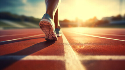 Fitness, sport, training, people and lifestyle concept - close up of feet running on sprint track from back. Banner