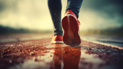Fitness, sport, training, people and lifestyle concept - close up of feet running on sprint track from back. Banner