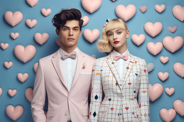 Stylish couple in pastel fashion clothes on a blue background with decorative pink hearts. Valentine's Day concept.