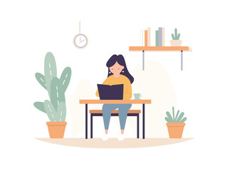 Asian female working on laptop at home with coffee and plants. Casual remote work setup. Freelancer productivity vector illustration.