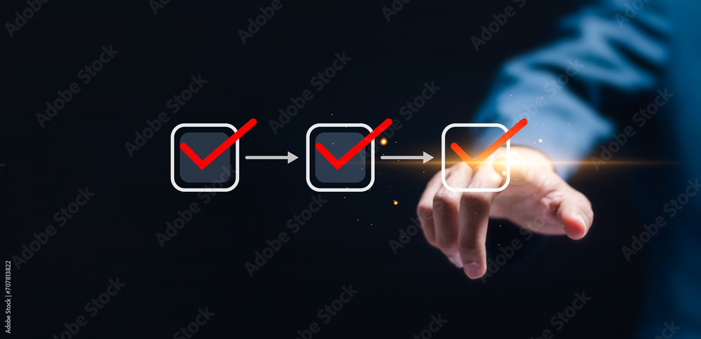 Poster businessman tick correct marks to paperless online approval for business process workflow illustrati