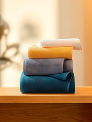 Product photography, towel photography, four towels in the booth, different colors, high saturation, strong color contrast, Japanese style, warm and bright images, simple and clean background, minimal