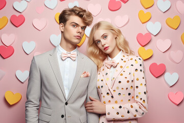 Stylish couple in pastel fashion clothes on a pink background with decorative hearts. Valentine's Day concept.