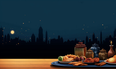 Ramadan background image with iftar and sahoor food and city silhouette Copy Space AI Image generative
