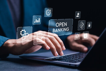 Open banking financial technology fintech concept. businessman use laptop with virtual screen of open banking icon. api financial technology, fintech. - obrazy, fototapety, plakaty