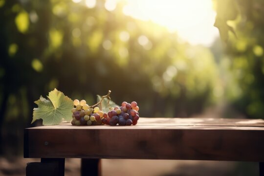 wooden background with grapes in the vineyard, generative ai