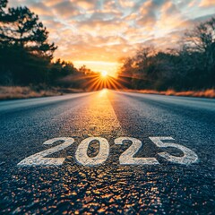 Concept of Goals and planning for New year 2025. Text 2025 is written on the road in the middle of an asphalt road at sunset. Challenge, business strategy, opportunity, hope, new year resolution.
