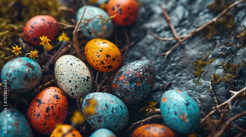 Poster a bunch of eggs with different colors and patterns on them, ai