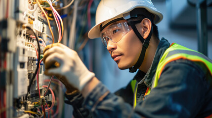 A focused electrician in a yellow safety helmet meticulously works on a complex electrical panel