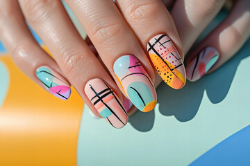 Perfect manicure in pastel colors with bauhaus brutalism retro print hand painted on nails, nail...