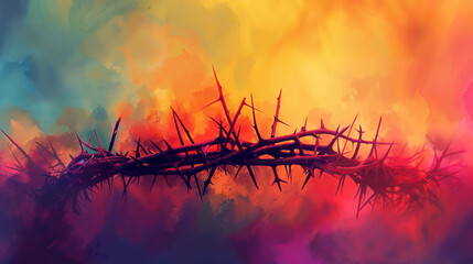 Evocative image of a crown of thorns set against a dramatic backdrop of fiery and warm hues, conveying depth and emotion. - obrazy, fototapety, plakaty