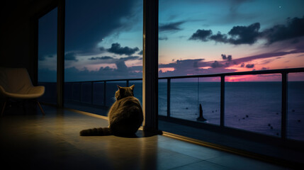 a cat is looking towards evening sky through glass windows.Generative Ai