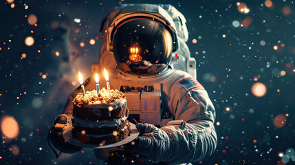 An astronaut holding in hands a birthday cake with candles. Event celebration