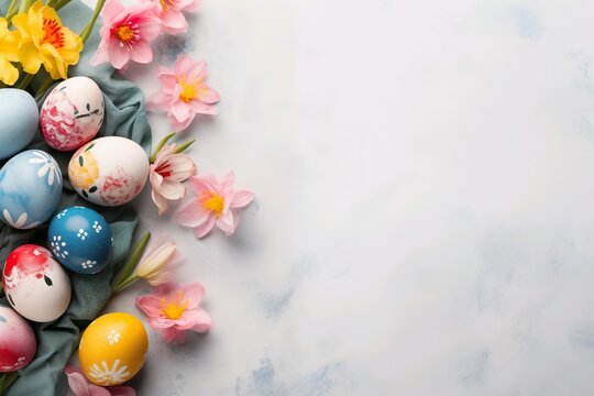 Easter eggs and flowers. Easter Delight: Painted Eggs Banner on Bright Background. Generative ai	