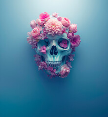 Human skull covered with colorful spring flowers. The end of human race conceptual background