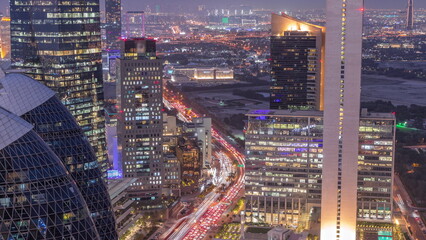 Skyline view of the high-rise buildings in International Financial Centre in Dubai aerial day to...