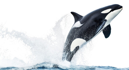 Orca whale jumping out of the ocea, water splashing around, isolated on a transparent background - obrazy, fototapety, plakaty