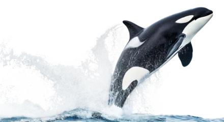 Papier Peint photo Orca Orca whale jumping out of the ocea, water splashing around, isolated on a transparent background