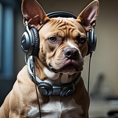 Cachorro com fones de ouvido. - obrazy, fototapety, plakaty