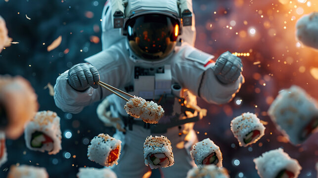 An astronaut eat delicious sushi levitating in open space background