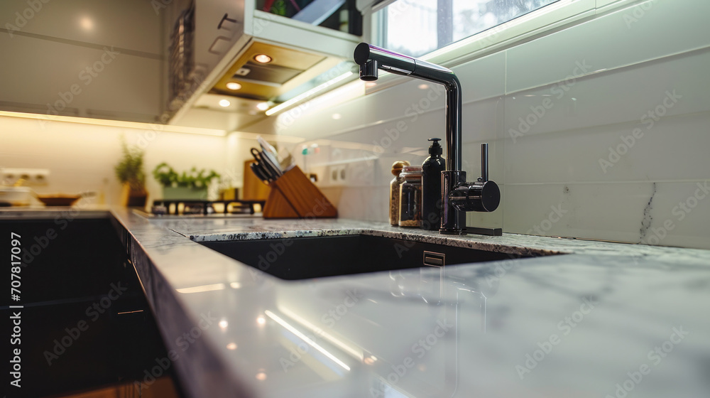 Poster A kitchen sink with a faucet and counter top in the background, AI