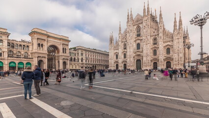 Panorama showing Milan Cathedral and Vittorio Emanuele gallery timelapse.