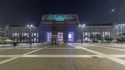 Panorama showing Milano Centrale night timelapse - the main central railway station of the city of...