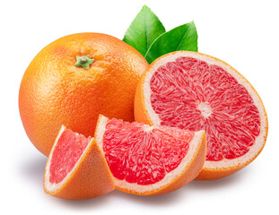 Red grapefruit and grapefruit slices on white background. File contains clipping path.