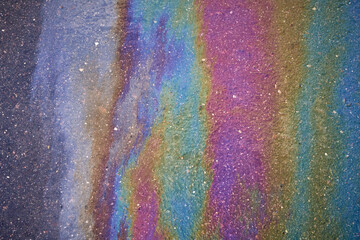 Fototapeta premium Gasoline spot on wet asphalt. Multi colored oil spill on asphalt road, abstract background, texture.