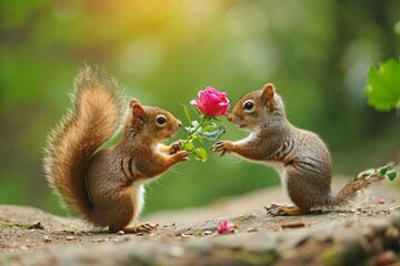Naklejka na ściany i meble Cute squirrel offering a flower gift to its lover, fun wildlife, love and Valentine's day greeting card
