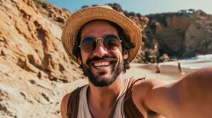 Foto op Canvas Cheerful man with a beard is taking a selfie at the beach, wearing a straw hat and sunglasses © MP Studio