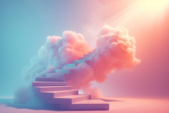 Staircase leating to heaven. Colorful clouds background. Ai generated image