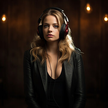 a series of innovative photos of a woman listening to music through over-ear headphones