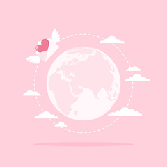 Earth globe and winged envelope with heart inside flying around. Sending a love letter. Flat vector illustration