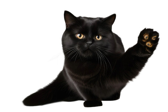 a high quality stock photograph of a single posing black cat waving with his paw isolated on a transparant or white background