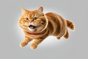 a high quality stock photograph of a single flying fat garfield cat waving with his paw isolated on...
