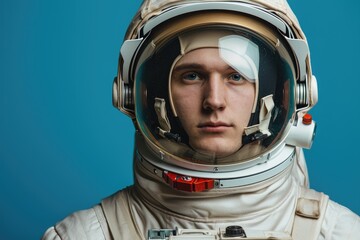 Studio portrait of a young European man in an astronaut suit, isolated on a space background