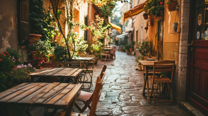 A narrow alleyway with tables and chairs outside of a building, AI